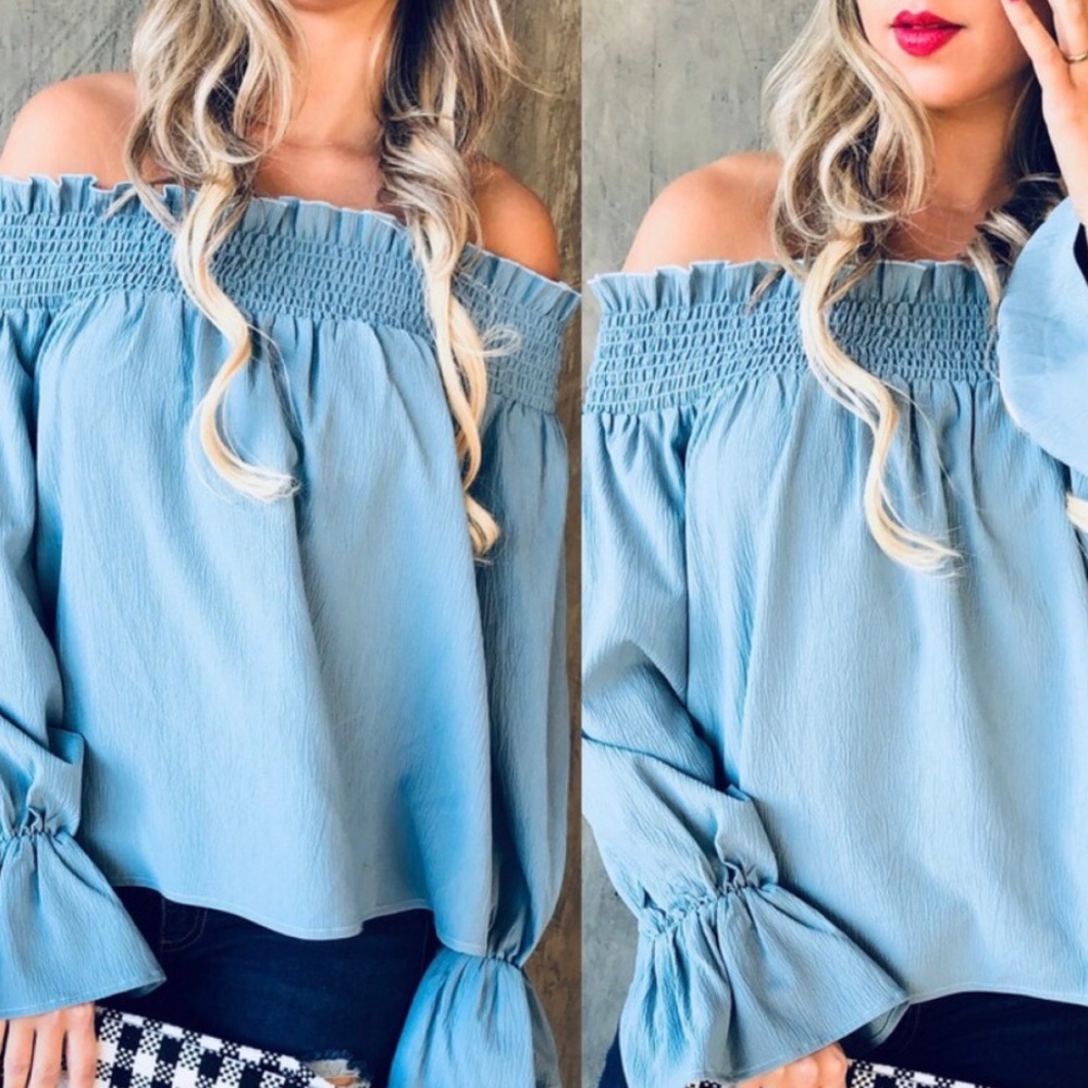Off the shoulder baby blue shirt